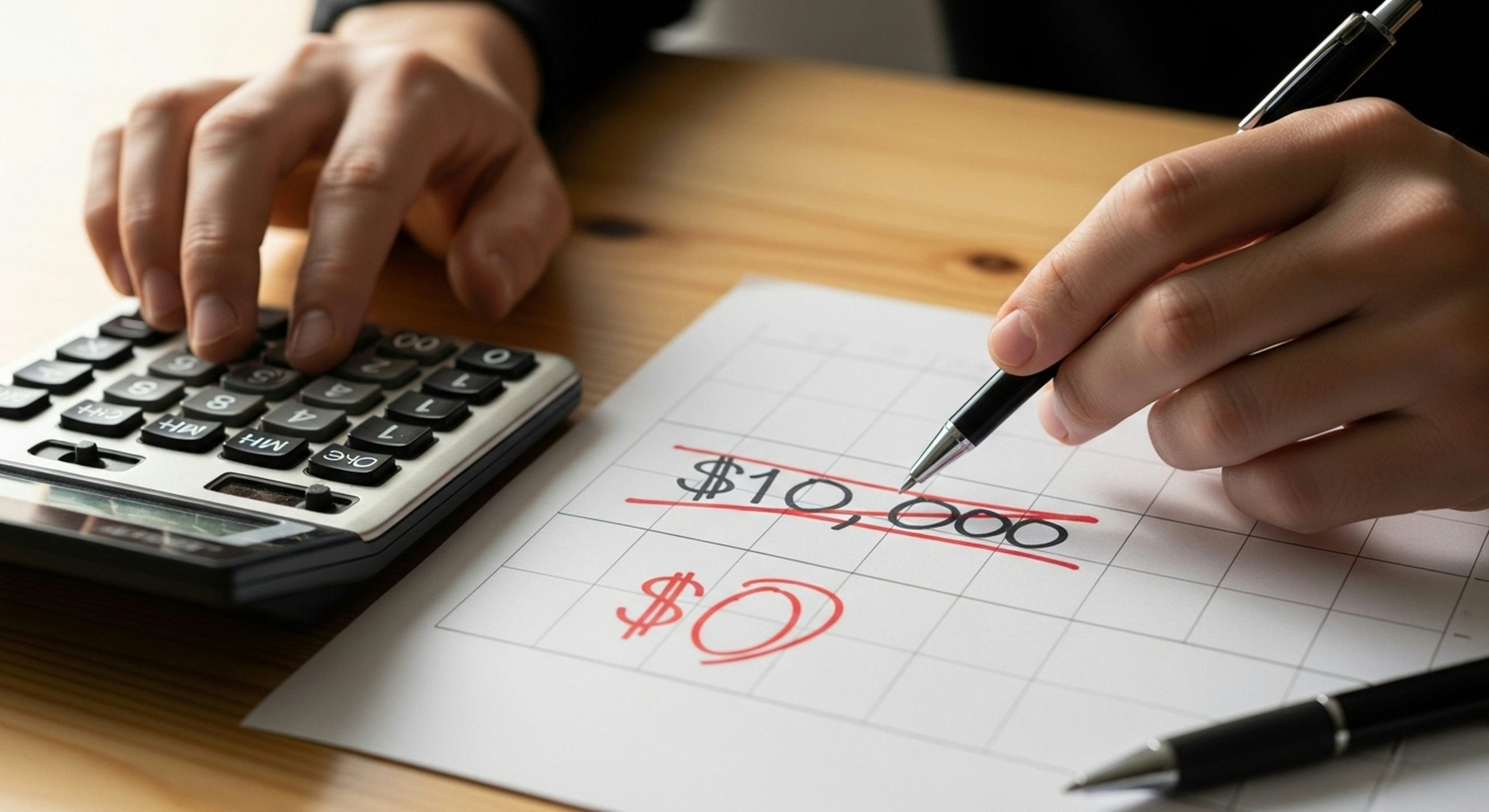 Close-up of hands using calculator next to a debt payoff tracker showing $10,000 being crossed out and '$0' circled. Clean wooden desk, natural lighting, pen marking progress. Realistic photography style that feels achievable and authentic. Focus on the action of tracking progress